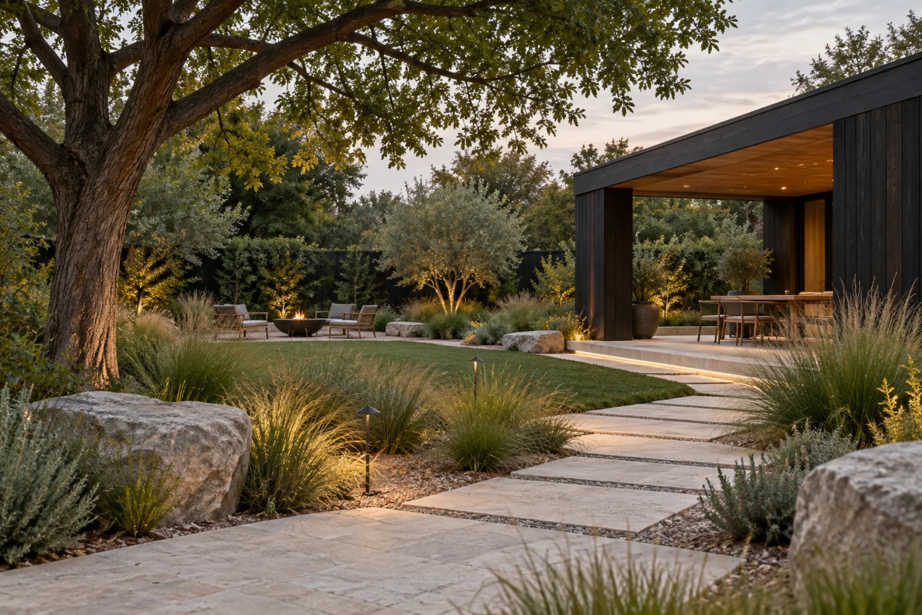A detail of the conceptual Fieldstone garden: limestone paths, soft planting, and a timber pavilion