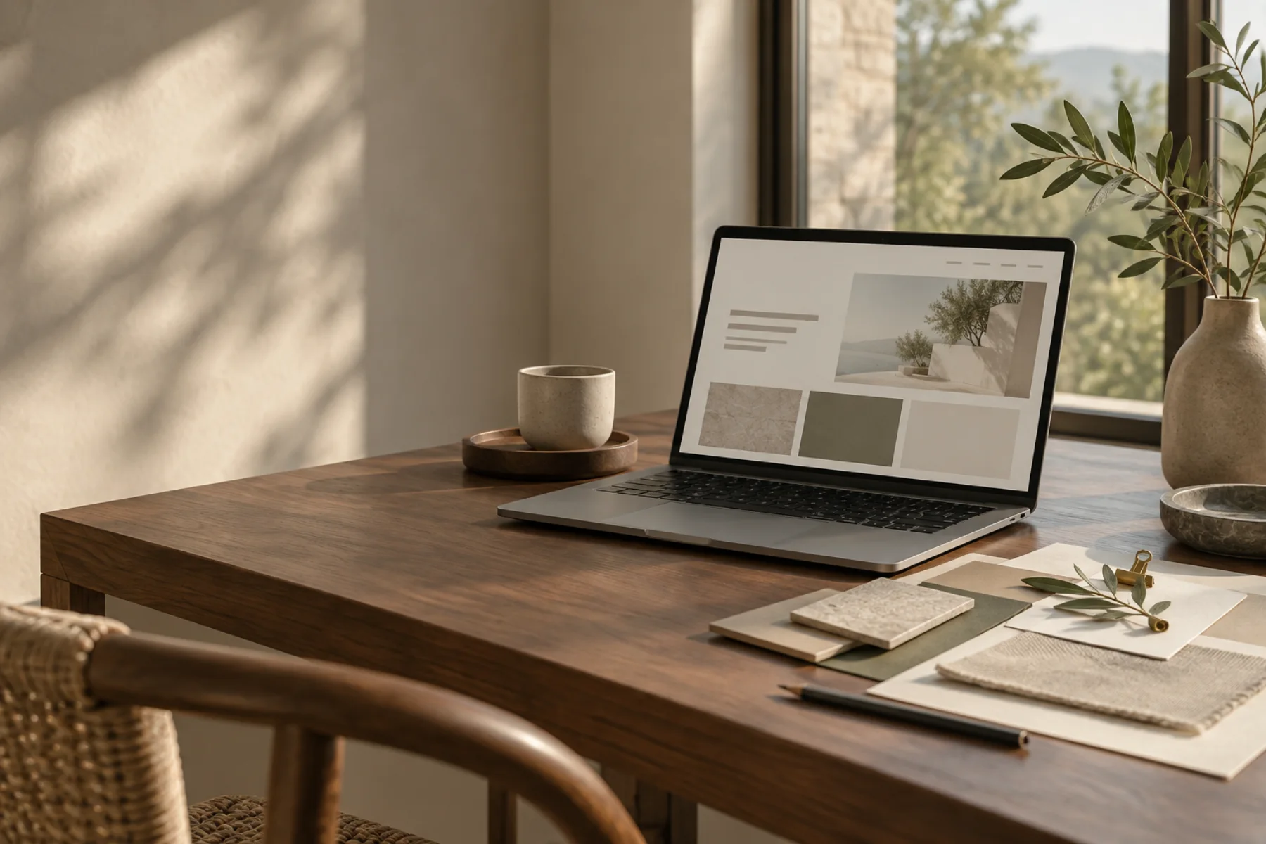 A quiet design workspace with a laptop, paper samples, and natural materials